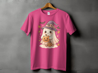 Pink t-shirt with a cute ghost character holding pumpkins and wearing a witch hat.