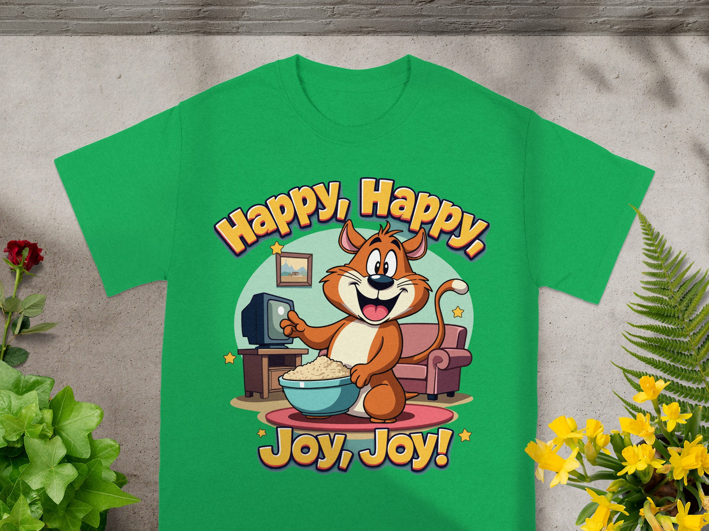 Cartoon cat with popcorn in front of a TV and couch, text "Happy, Happy, Joy, Joy!"