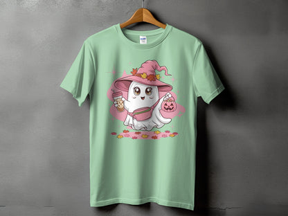Light green t-shirt with a cute cartoon ghost wearing a witch hat, holding a bubble tea and pumpkin.