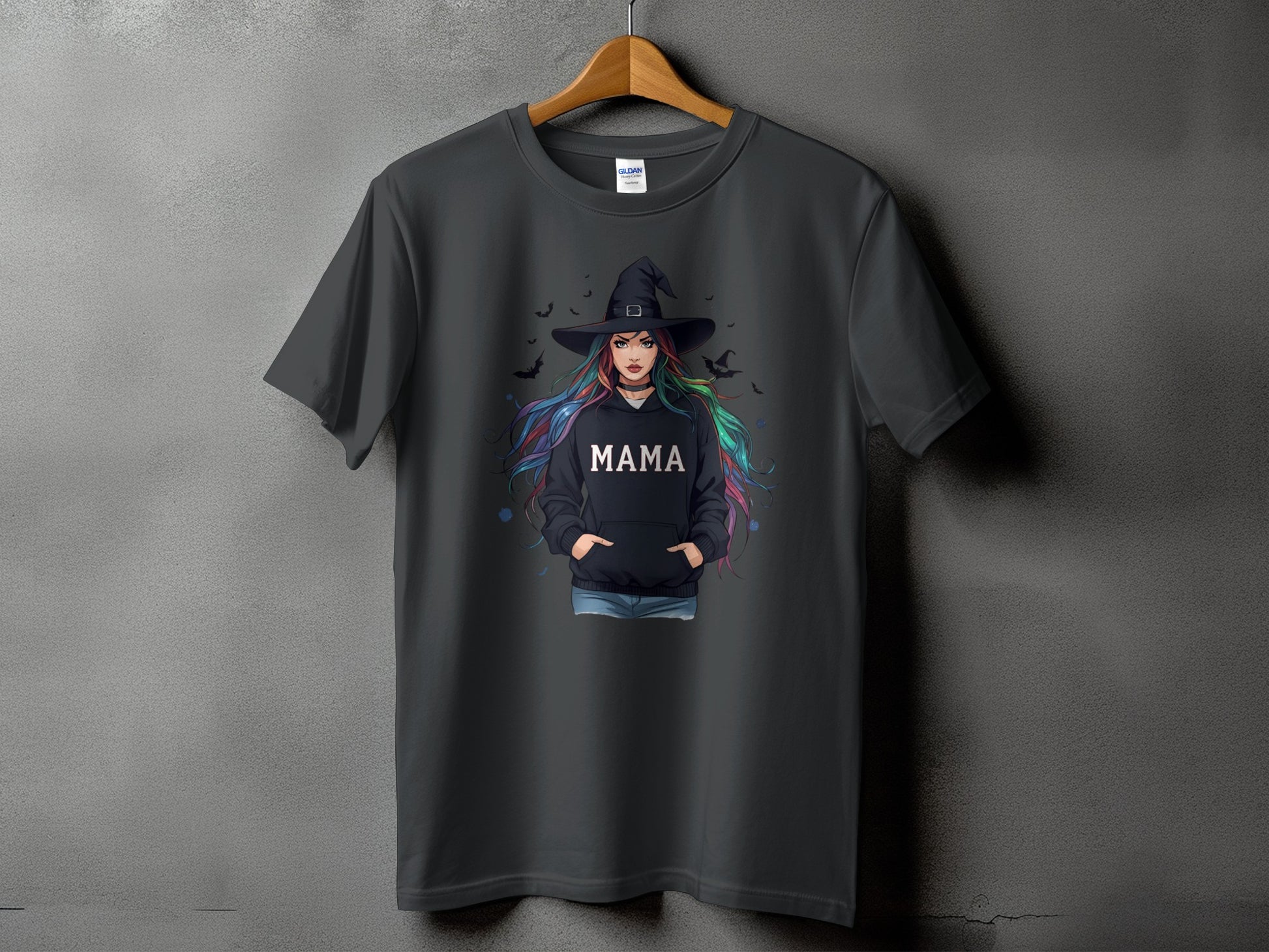Dark gray t-shirt with graphic of a witch with colorful hair and "MAMA" text.