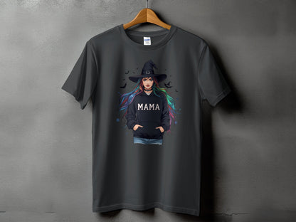 Dark gray t-shirt with graphic of a witch with colorful hair and "MAMA" text.