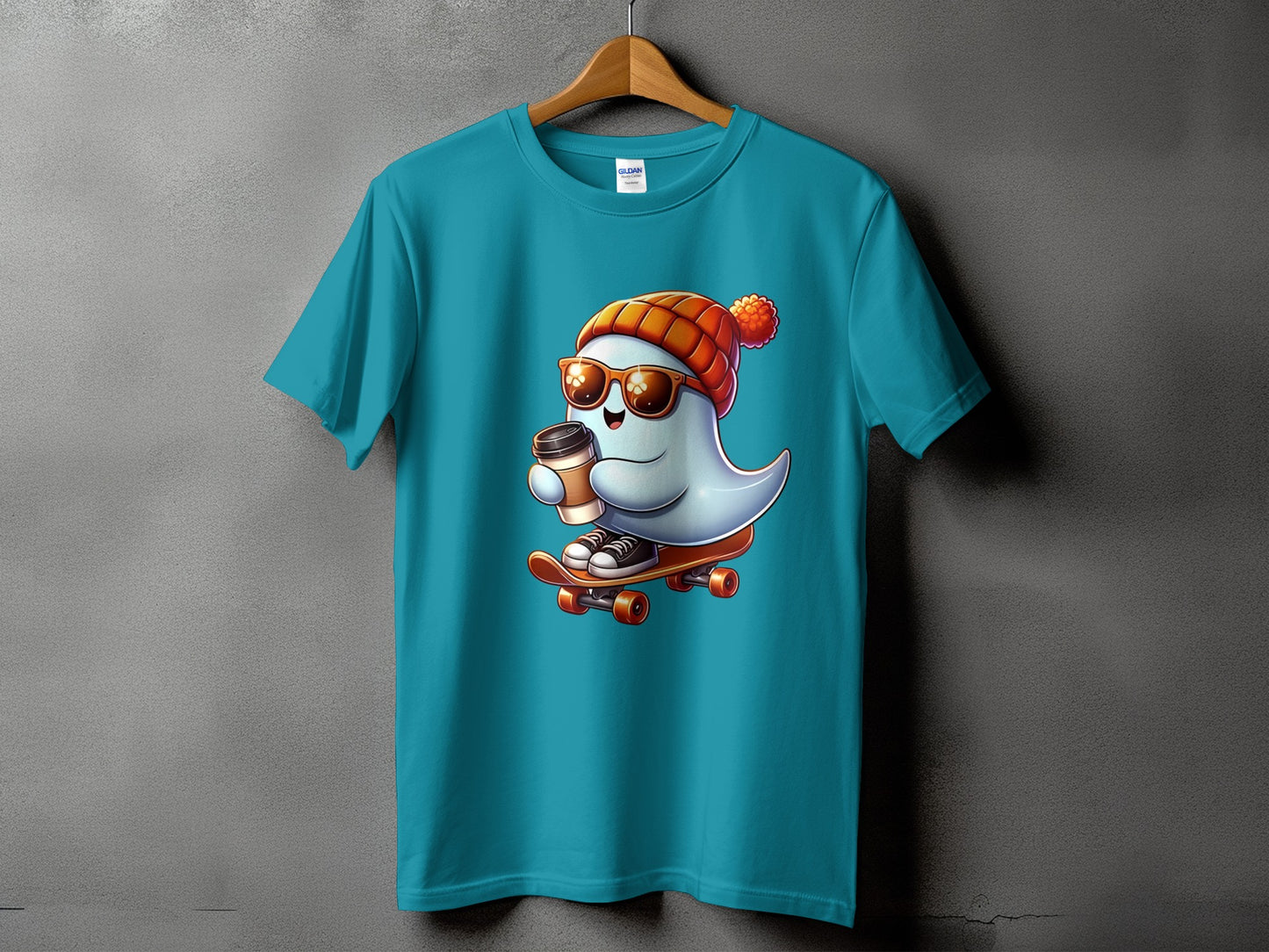 Teal t-shirt with a ghost wearing sunglasses and a beanie riding a skateboard.