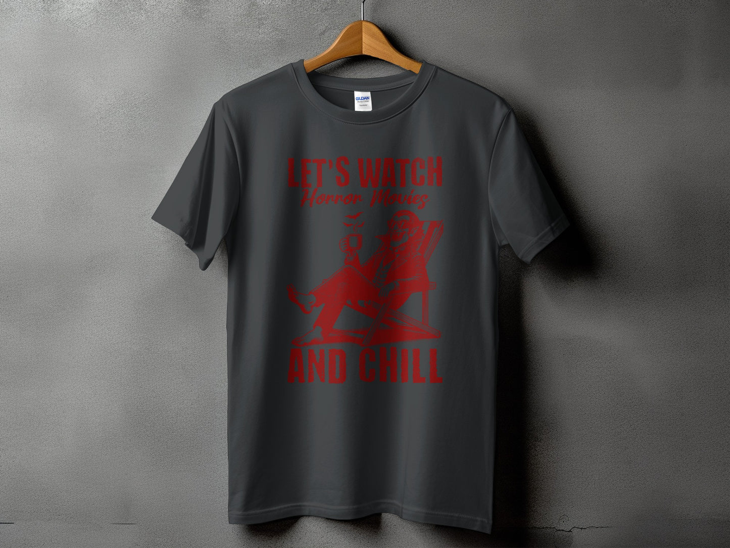 Dark grey t-shirt with red text and graphic: "Let's Watch Horror Movies and Chill".