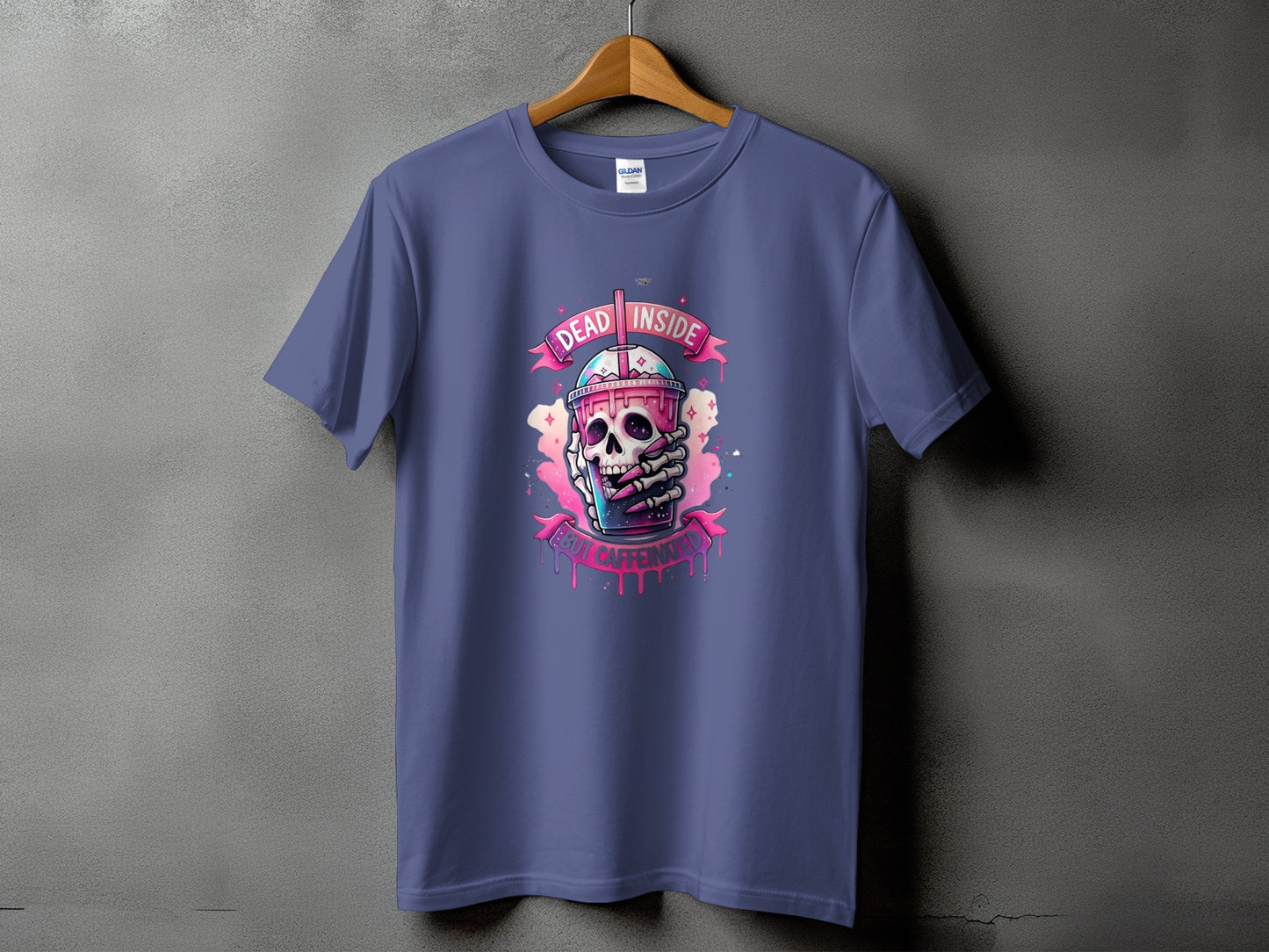 T-shirt with skull holding coffee cup graphic and text "Dead Inside, But Caffeinated."