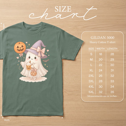 Gildan 5000 heavy cotton t-shirt size chart with width and length measurements.