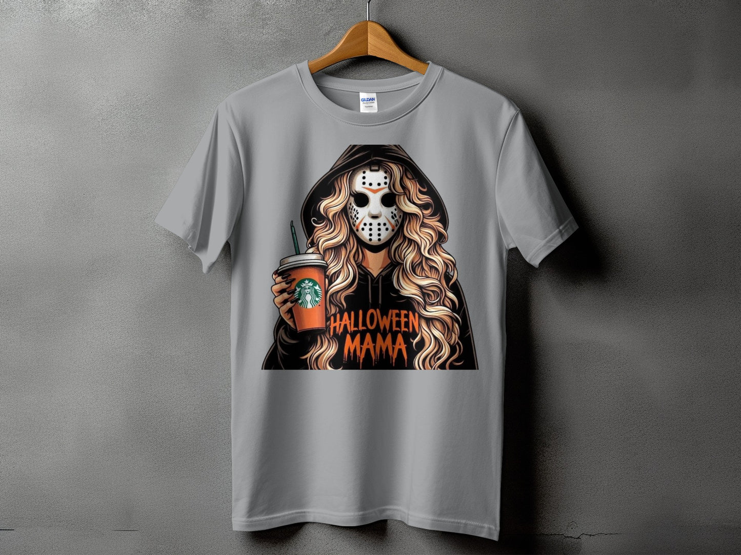 T-shirt graphic of a woman in a hockey mask holding a coffee cup, with "Halloween Mama" text.