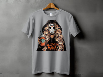 T-shirt graphic of a woman in a hockey mask holding a coffee cup, with "Halloween Mama" text.