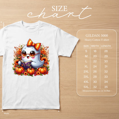 White t-shirt with cute ghost reading "Halloster" book, surrounded by pumpkins and flowers, with Gildan size chart.