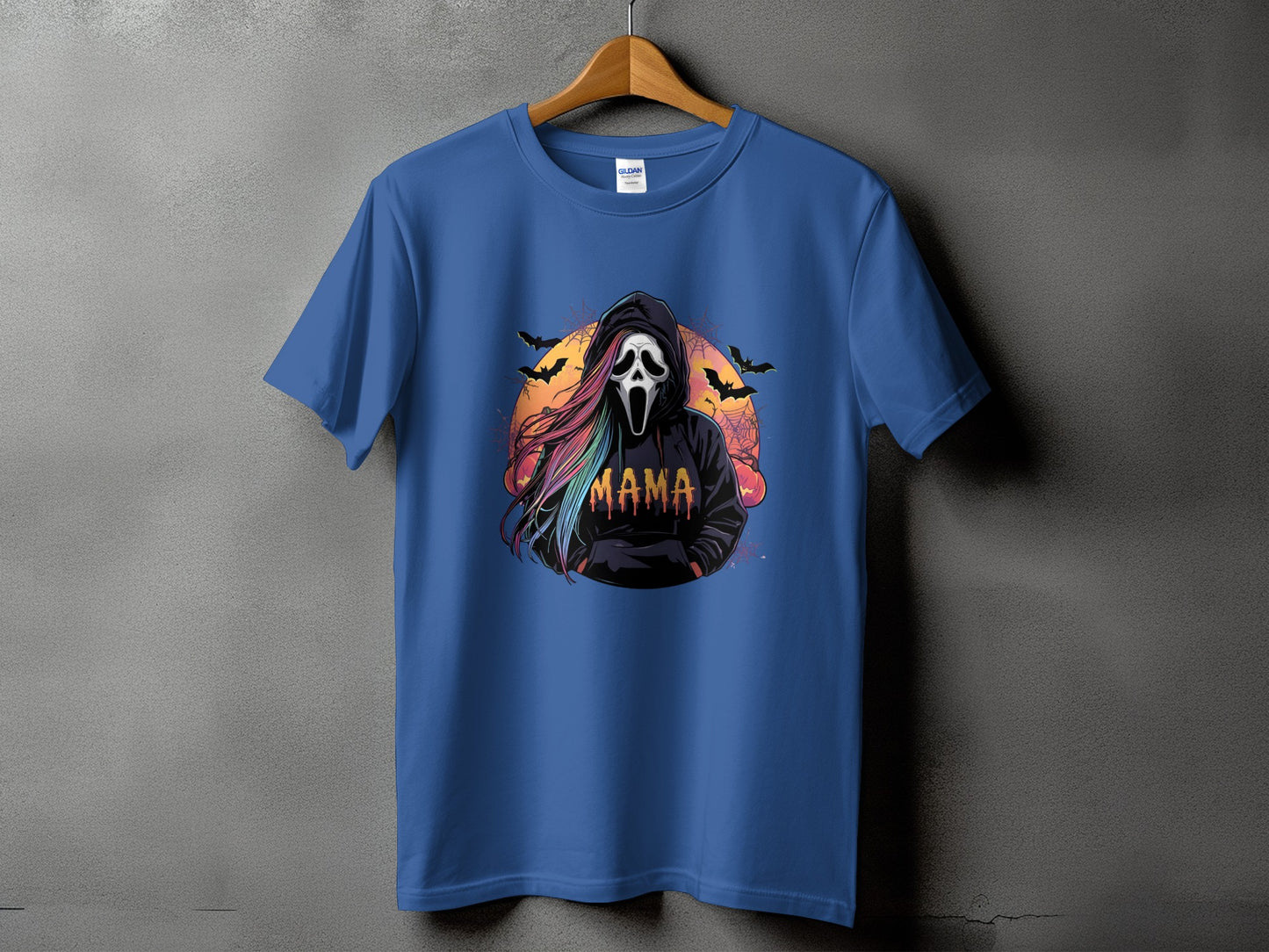 Blue t-shirt with ghost mask graphic and "Mama" text.