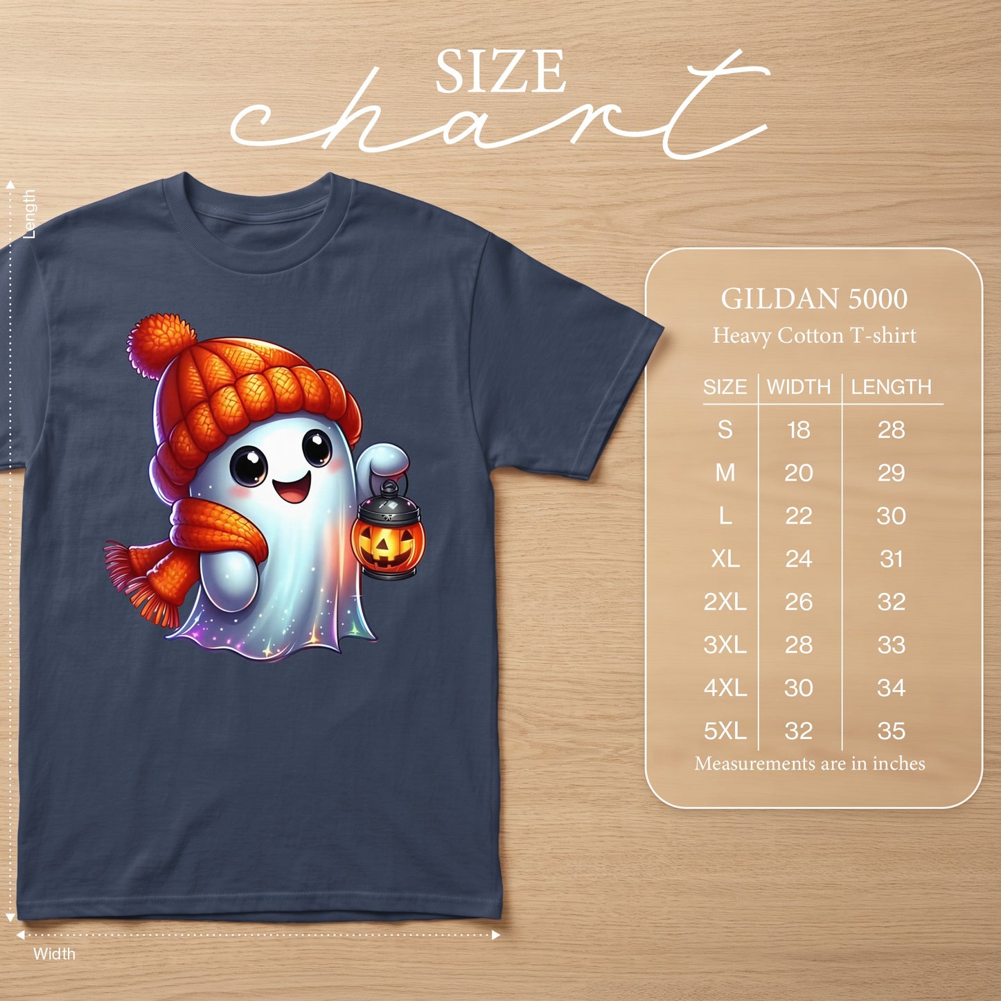 Cute ghost graphic t-shirt with size chart.