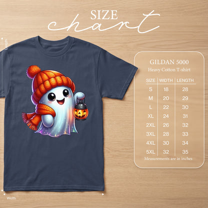 Cute ghost graphic t-shirt with size chart.