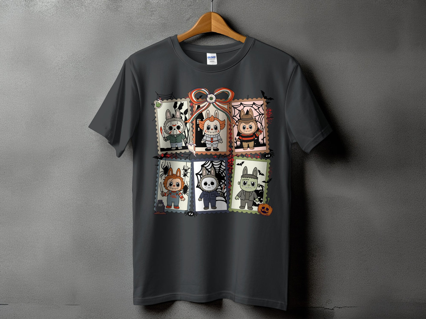 Dark gray t-shirt with Halloween-themed stamps featuring horror characters.