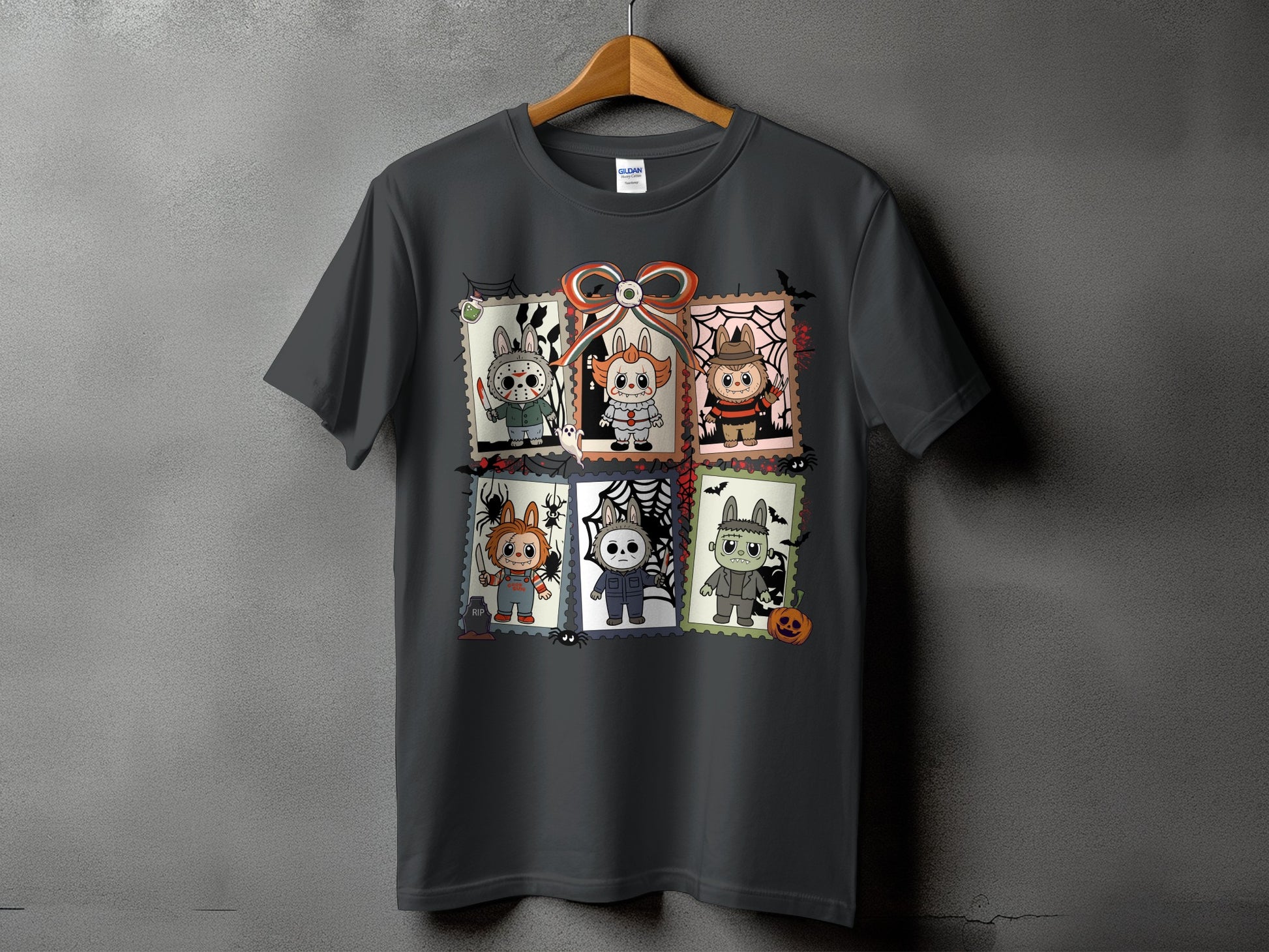 Dark gray t-shirt with Halloween-themed stamps featuring horror characters.