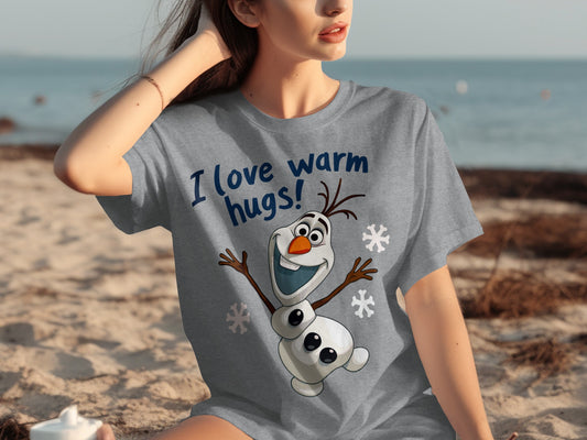 I Love Warm Hugs Fun Graphic T-Shirt With Olaf Design