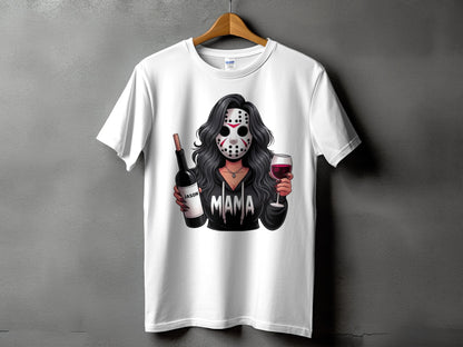 White t-shirt with graphic of masked figure holding wine bottle and glass, saying "Mama".