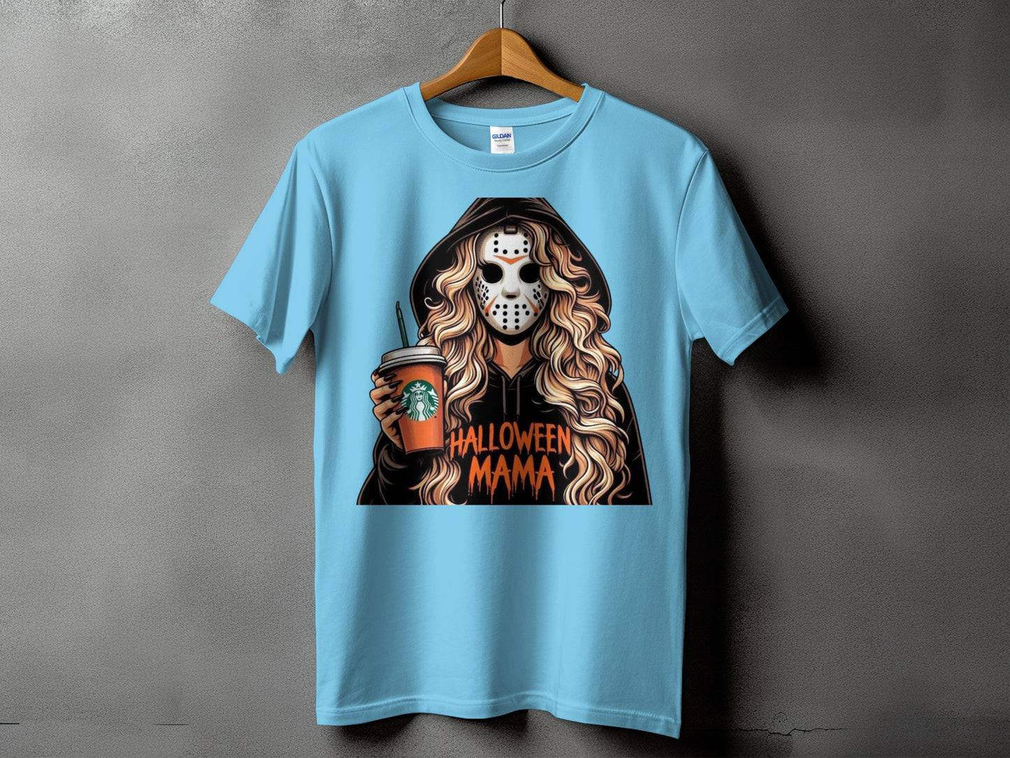 Light blue t-shirt with "Halloween Mama" graphic featuring a woman in a hockey mask holding coffee.