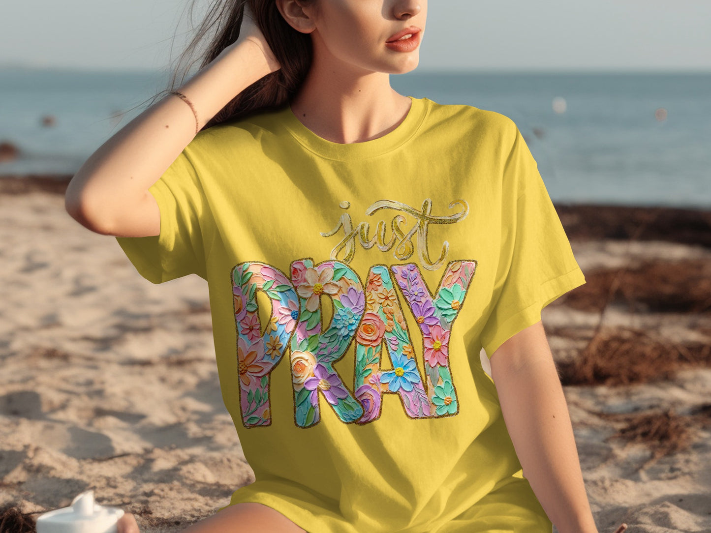 Just Pray Colorful Floral Design T-shirt
