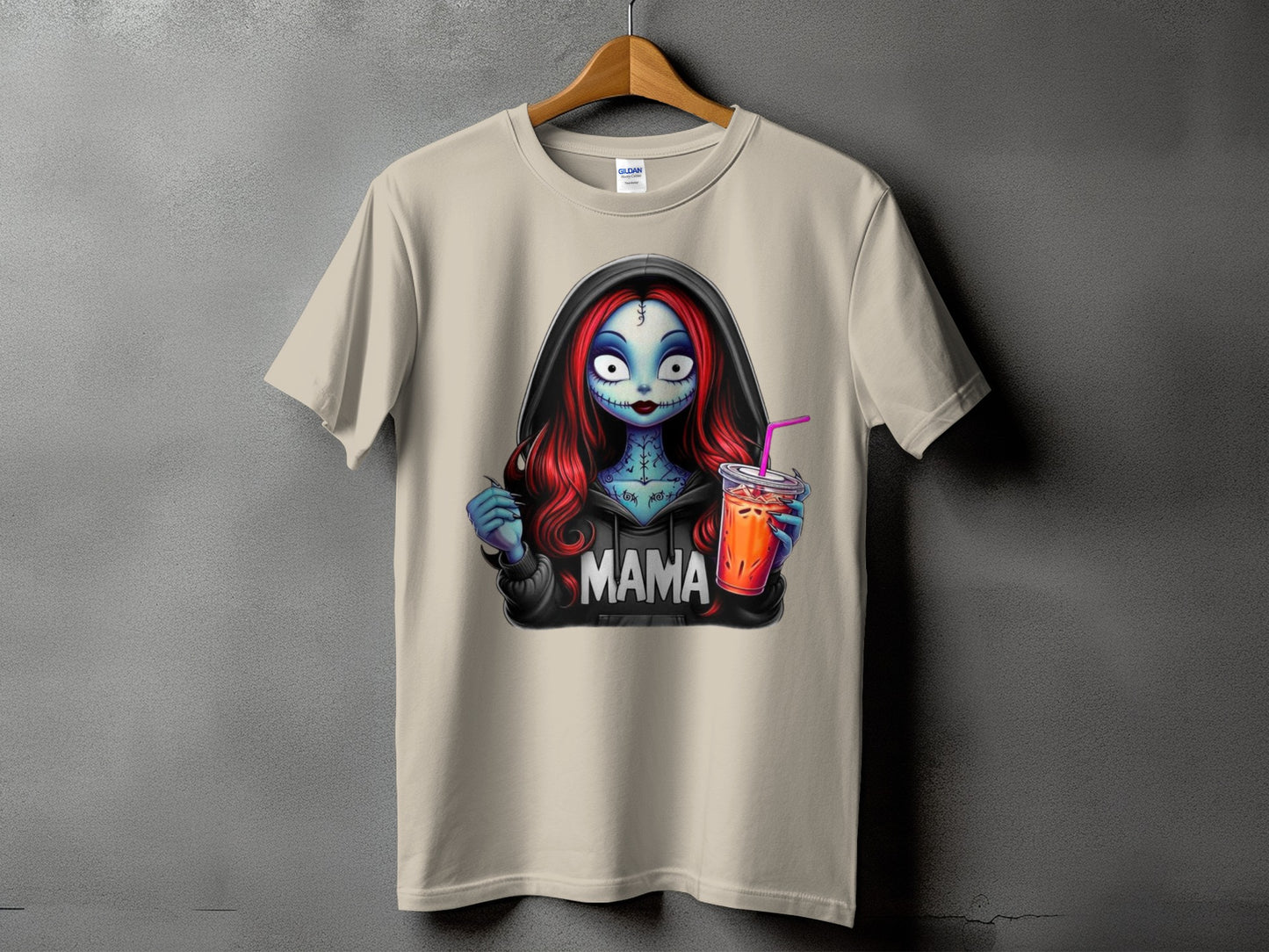 Graphic tee with a Sally-inspired character holding a drink, text reads "MAMA".