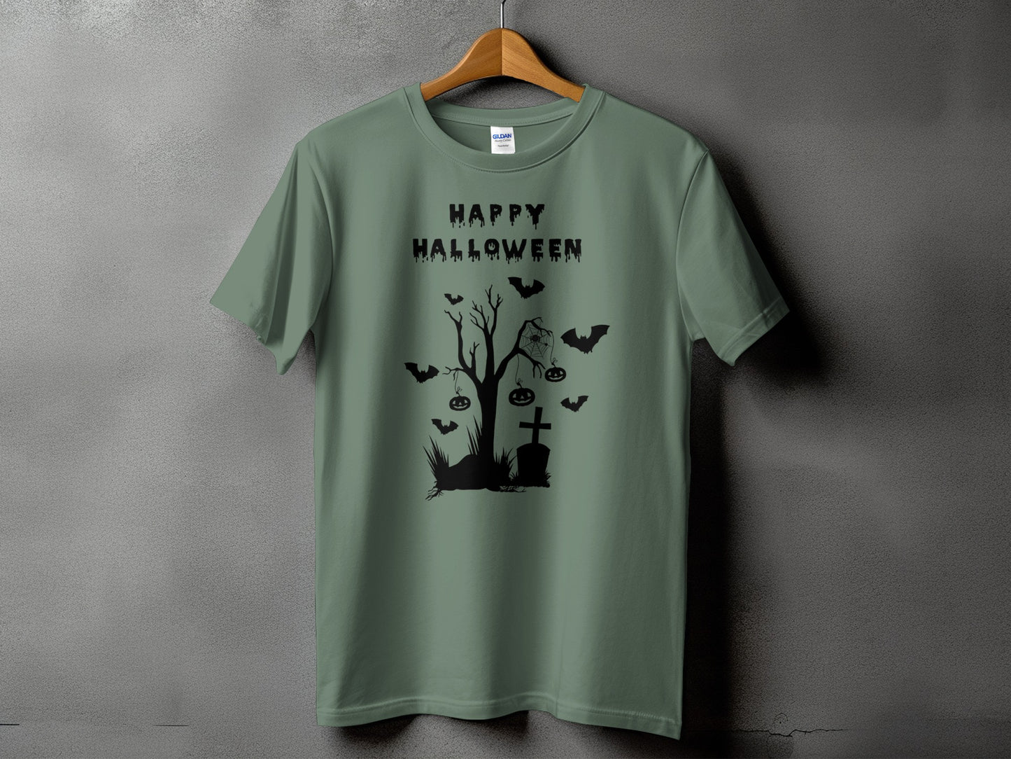 Green t-shirt with black Halloween graphic and text.
