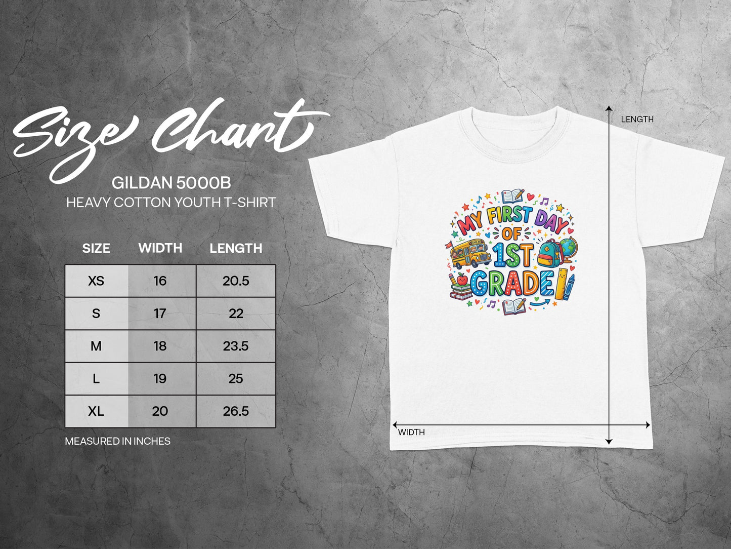 Gildan 5000B youth t-shirt size chart with width and length measurements in inches.