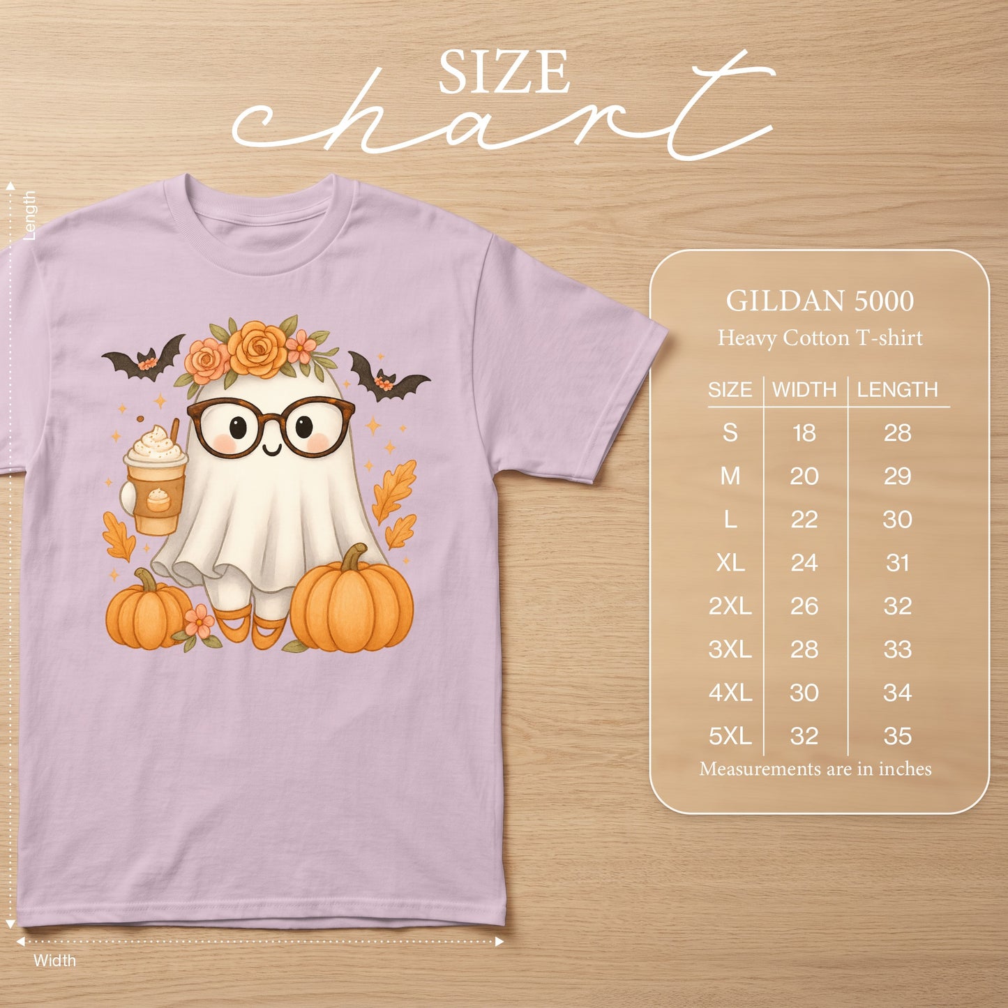 Light purple t-shirt with a cartoon ghost, pumpkins, bats, and coffee graphic. Includes a Gildan 5000 size chart.
