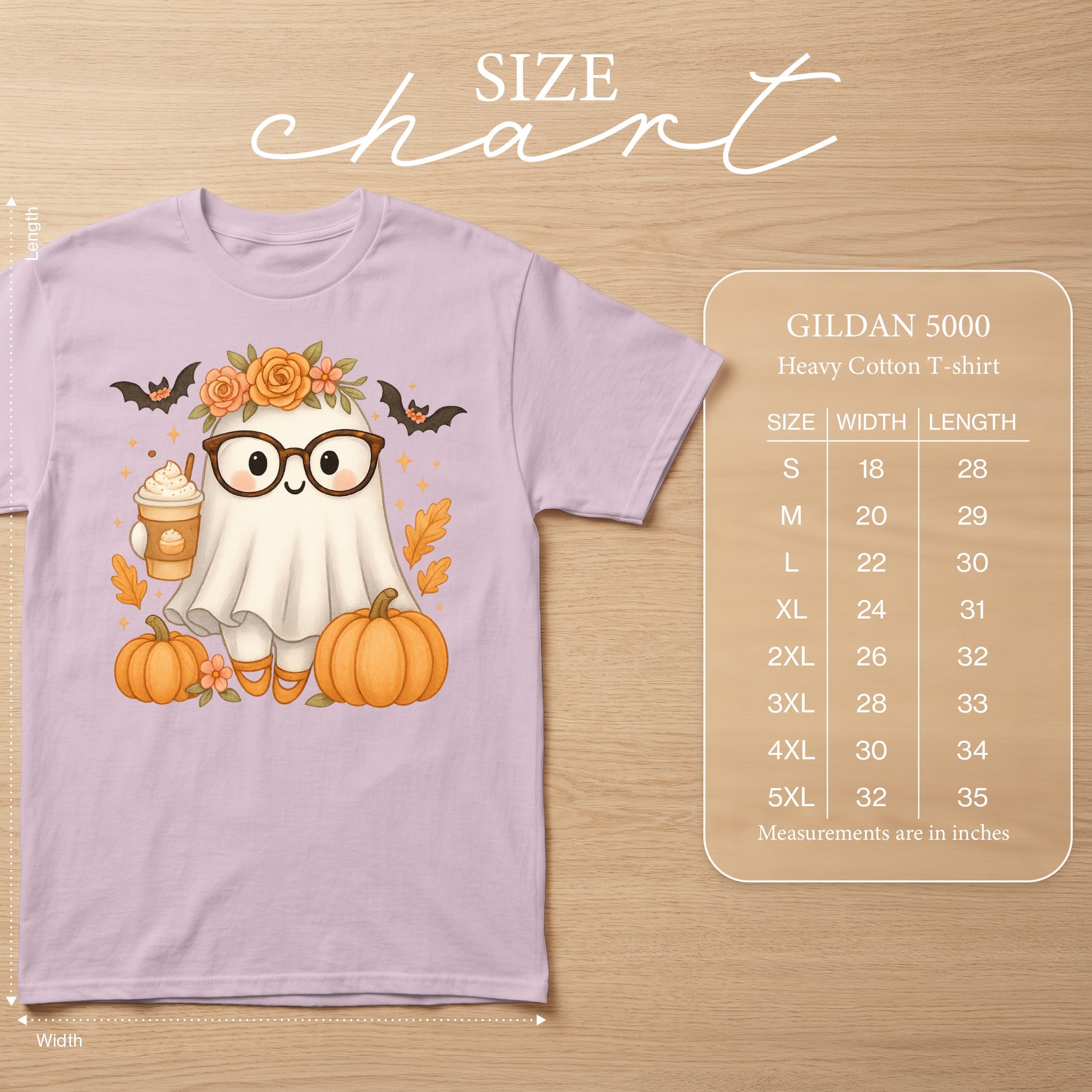 Light purple t-shirt with a cartoon ghost, pumpkins, bats, and coffee graphic. Includes a Gildan 5000 size chart.