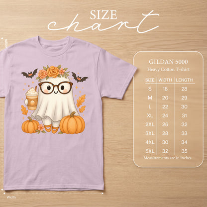 Light purple t-shirt with a cartoon ghost, pumpkins, bats, and coffee graphic. Includes a Gildan 5000 size chart.