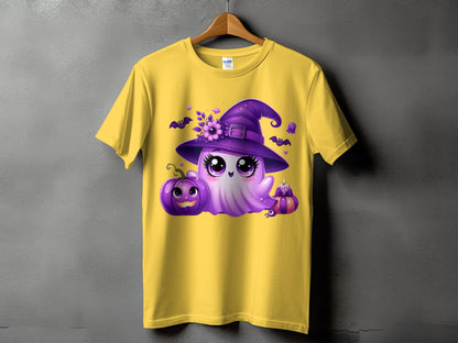 Yellow t-shirt with purple ghost wearing a witch hat, pumpkin, bats, and candle.