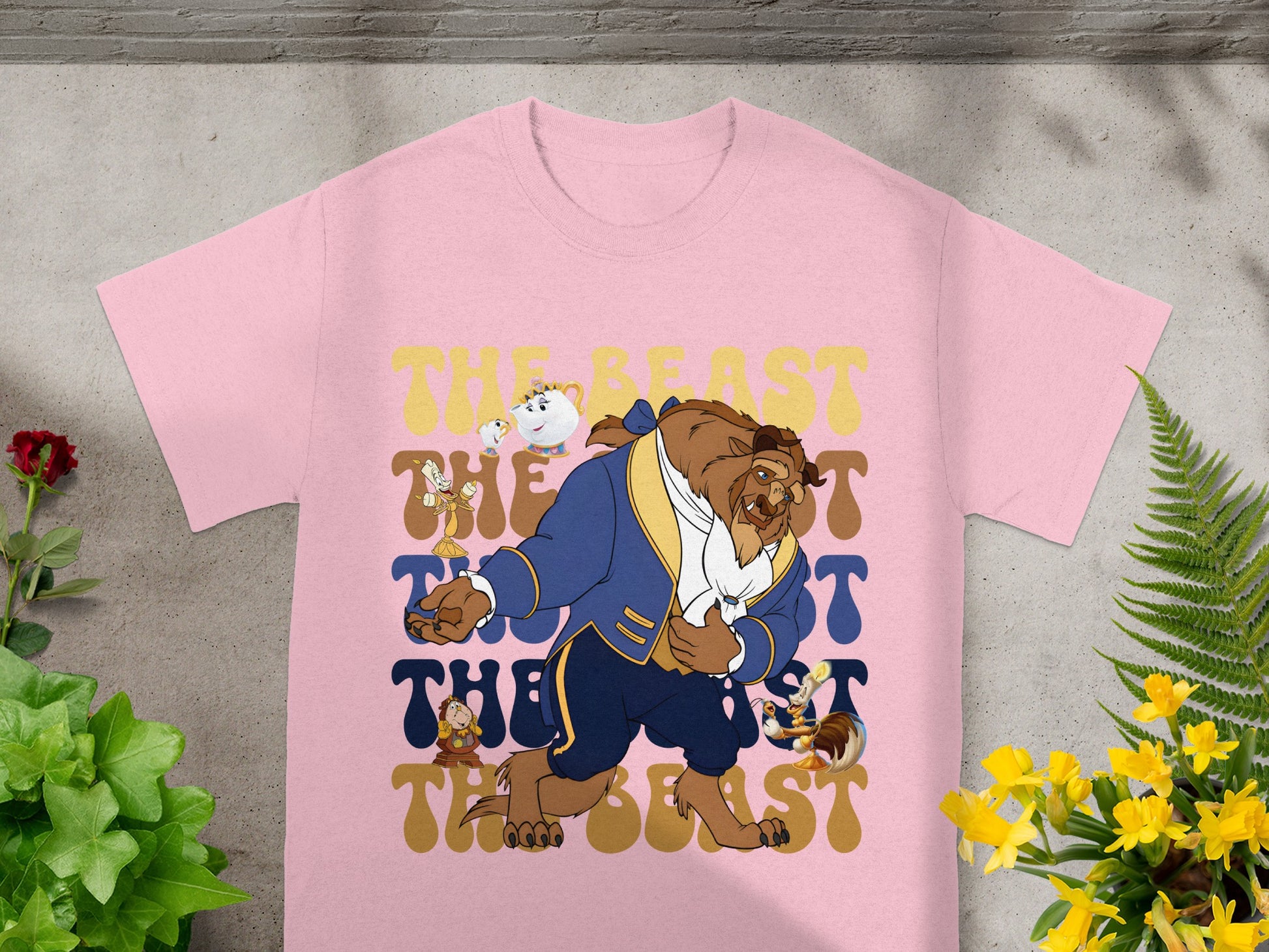 Pink t-shirt with The Beast, Mrs. Potts, and Chip from Beauty and the Beast.