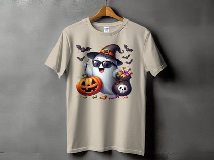Ghost with witch hat, sunglasses, pumpkin, candy bag, and bats on t-shirt.