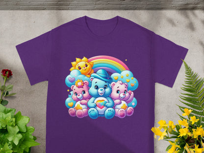 Three Care Bears characters sitting together under a rainbow on a purple t-shirt.