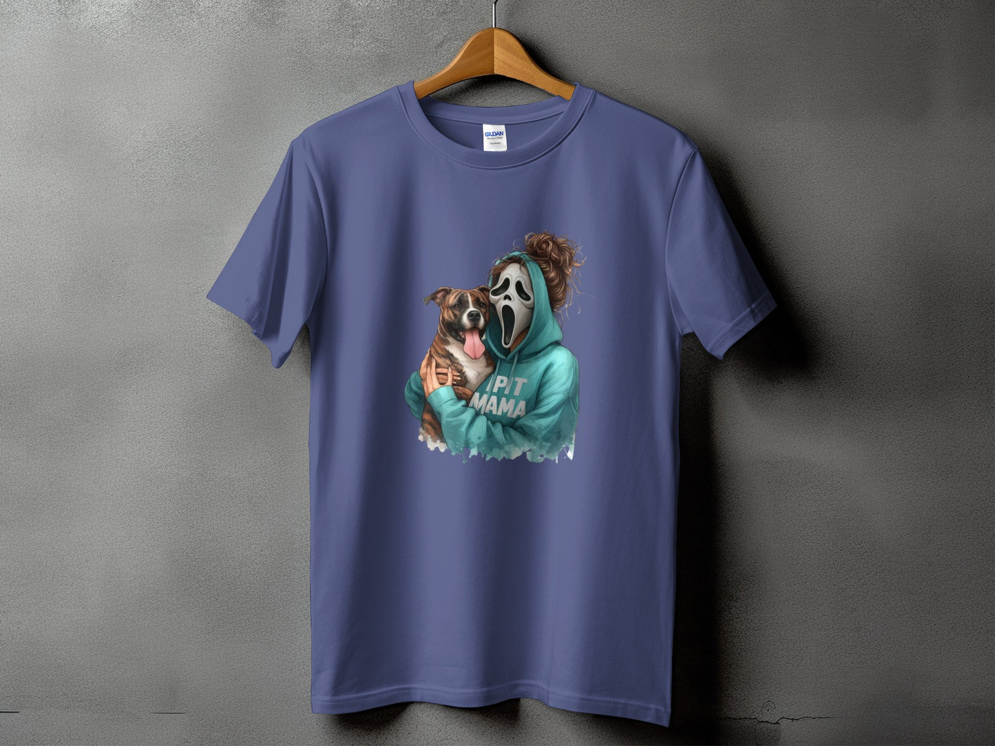 Purple t-shirt featuring a ghost face character holding a pit bull and text "PIT MAMA".
