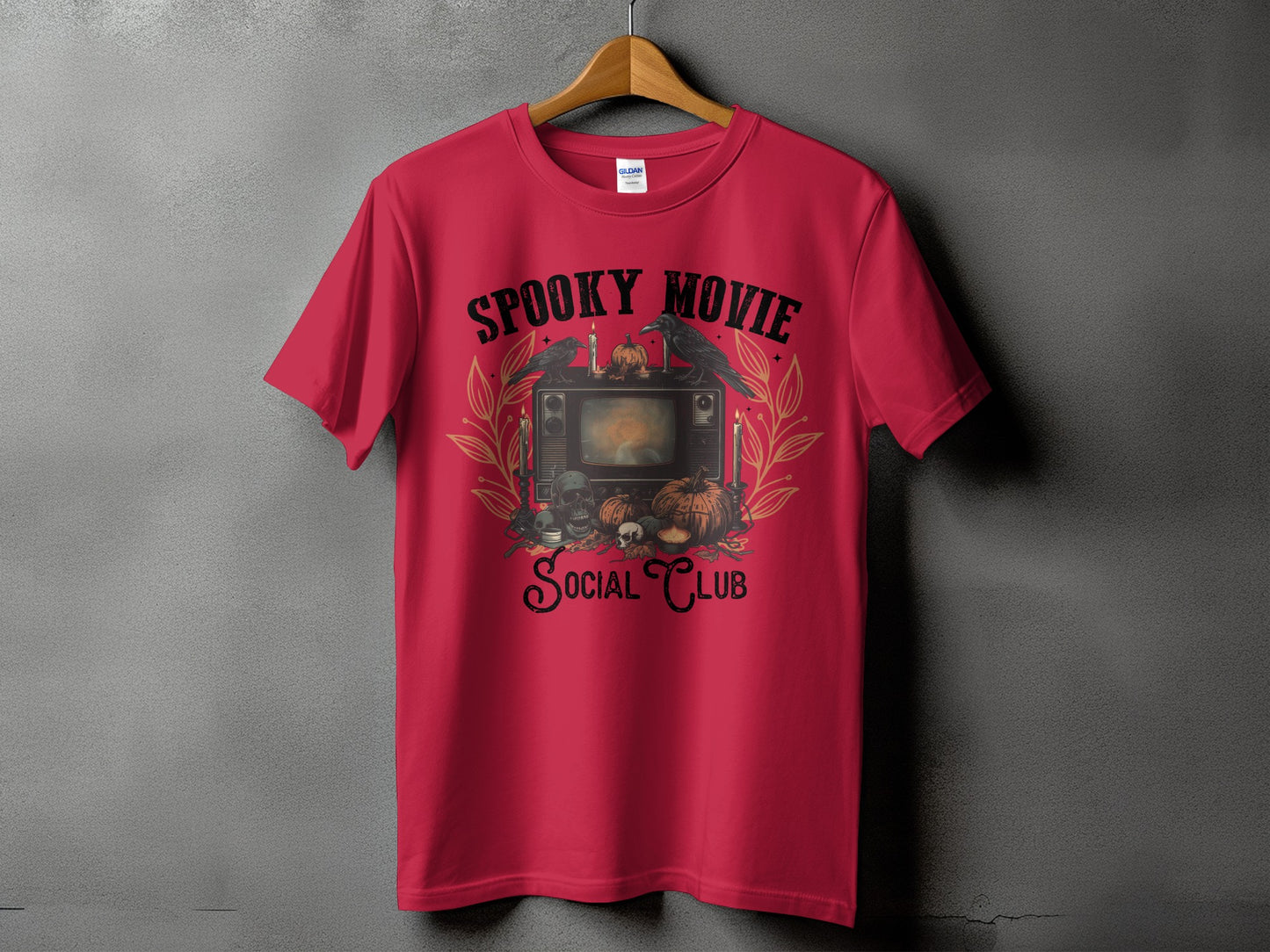 Red t-shirt with "Spooky Movie Social Club" text and Halloween graphic.