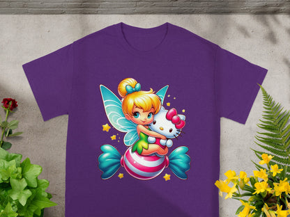 Purple t-shirt with cartoon fairy holding Hello Kitty on candy.