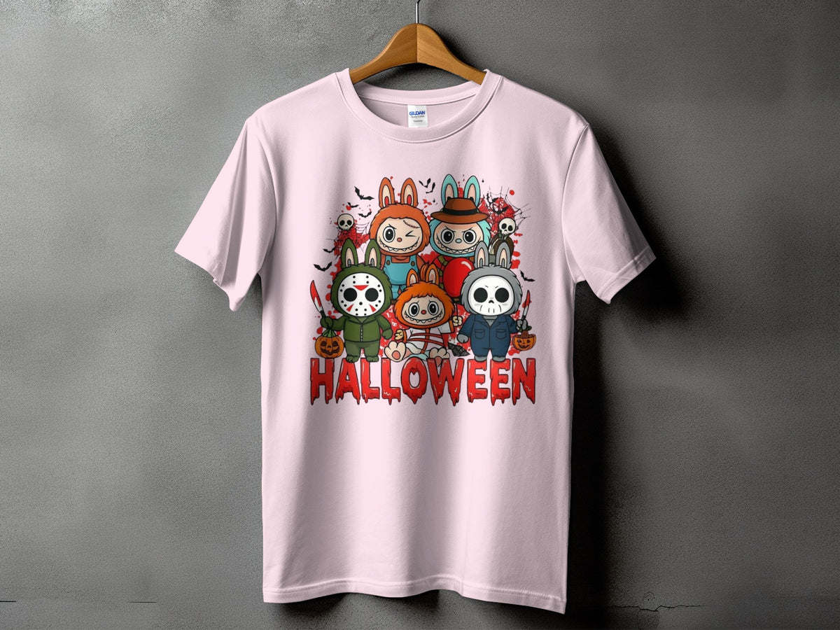 Pink t-shirt featuring cartoon Halloween characters and the word "HALLOWEEN" in red.