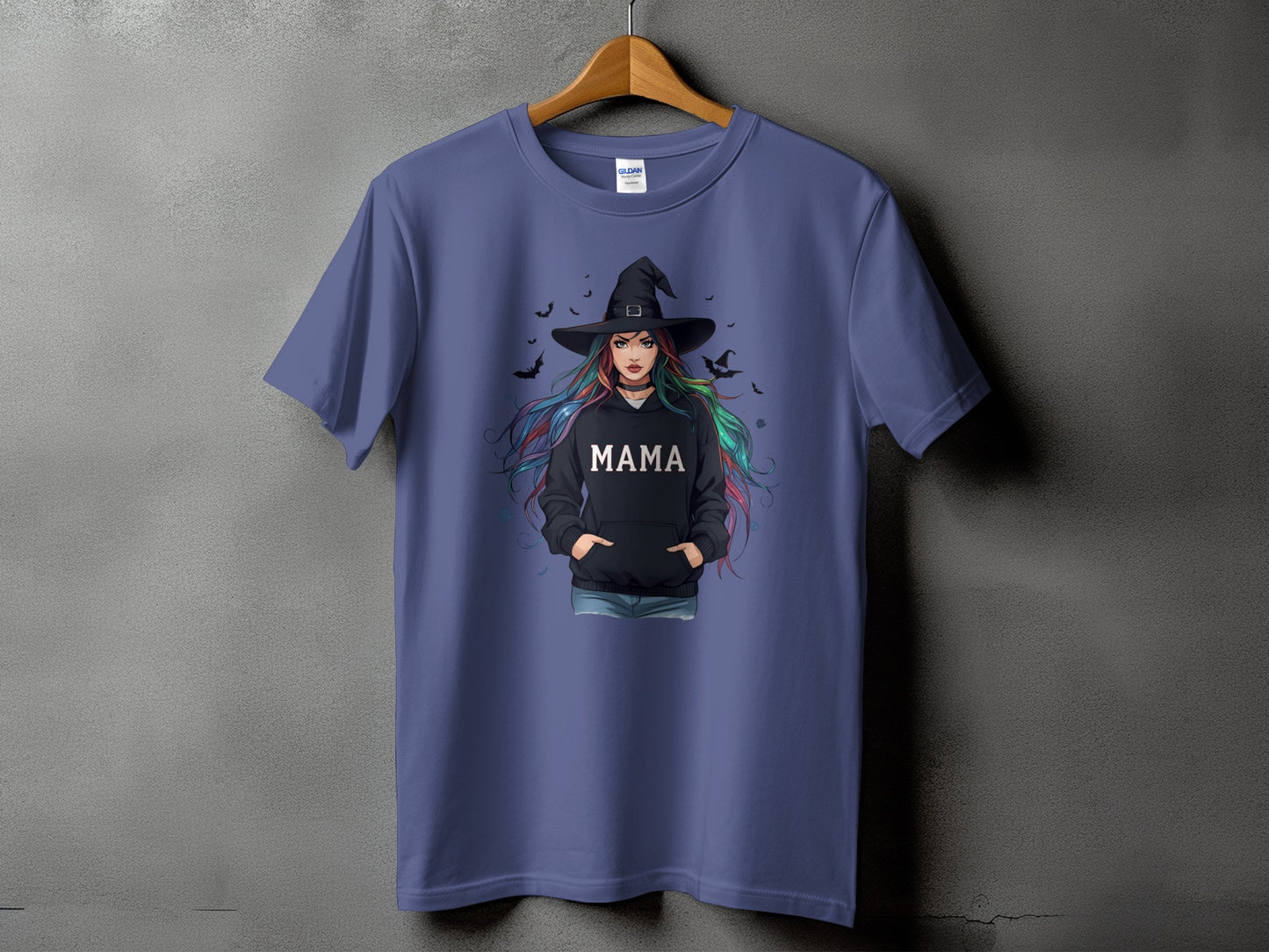 T-shirt with witch graphic and "MAMA" text on hoodie