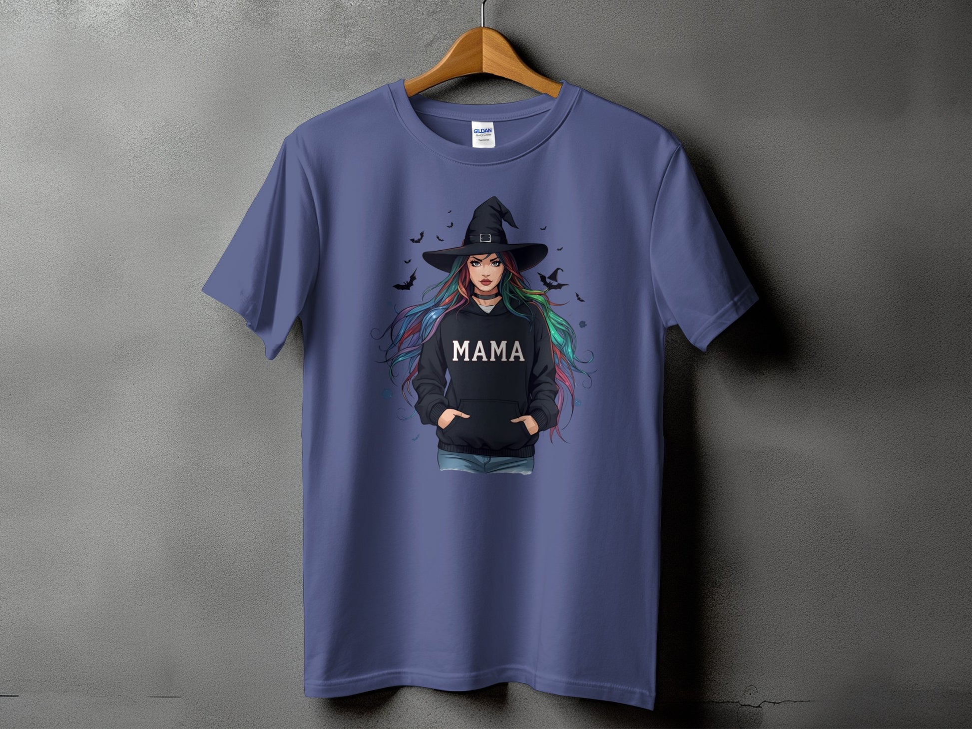 T-shirt with witch graphic and "MAMA" text on hoodie