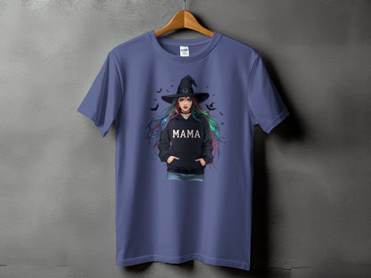 T-shirt with witch graphic and "MAMA" text on hoodie