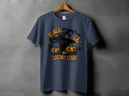 Black cat wearing a witch hat with pumpkins and bats, text says "Black Cat Social Club".