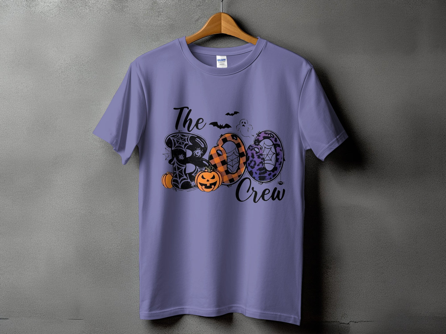 Lavender t-shirt with "The Boo Crew" Halloween text and graphics.
