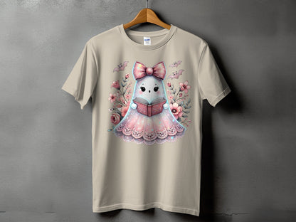T-shirt with a cute ghost reading a book surrounded by flowers and bats.