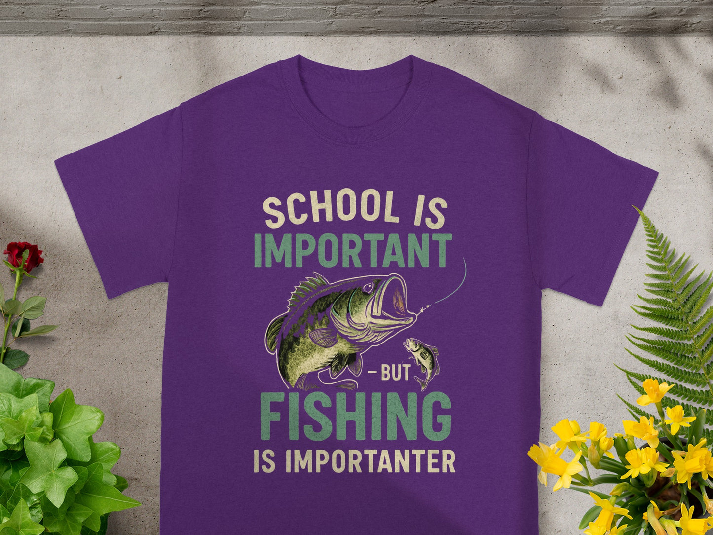 Purple t-shirt with "School is Important - But Fishing is Importanter" text and fish graphic.