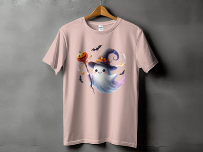 Pink t-shirt with a cute ghost holding a jack-o'-lantern wand.