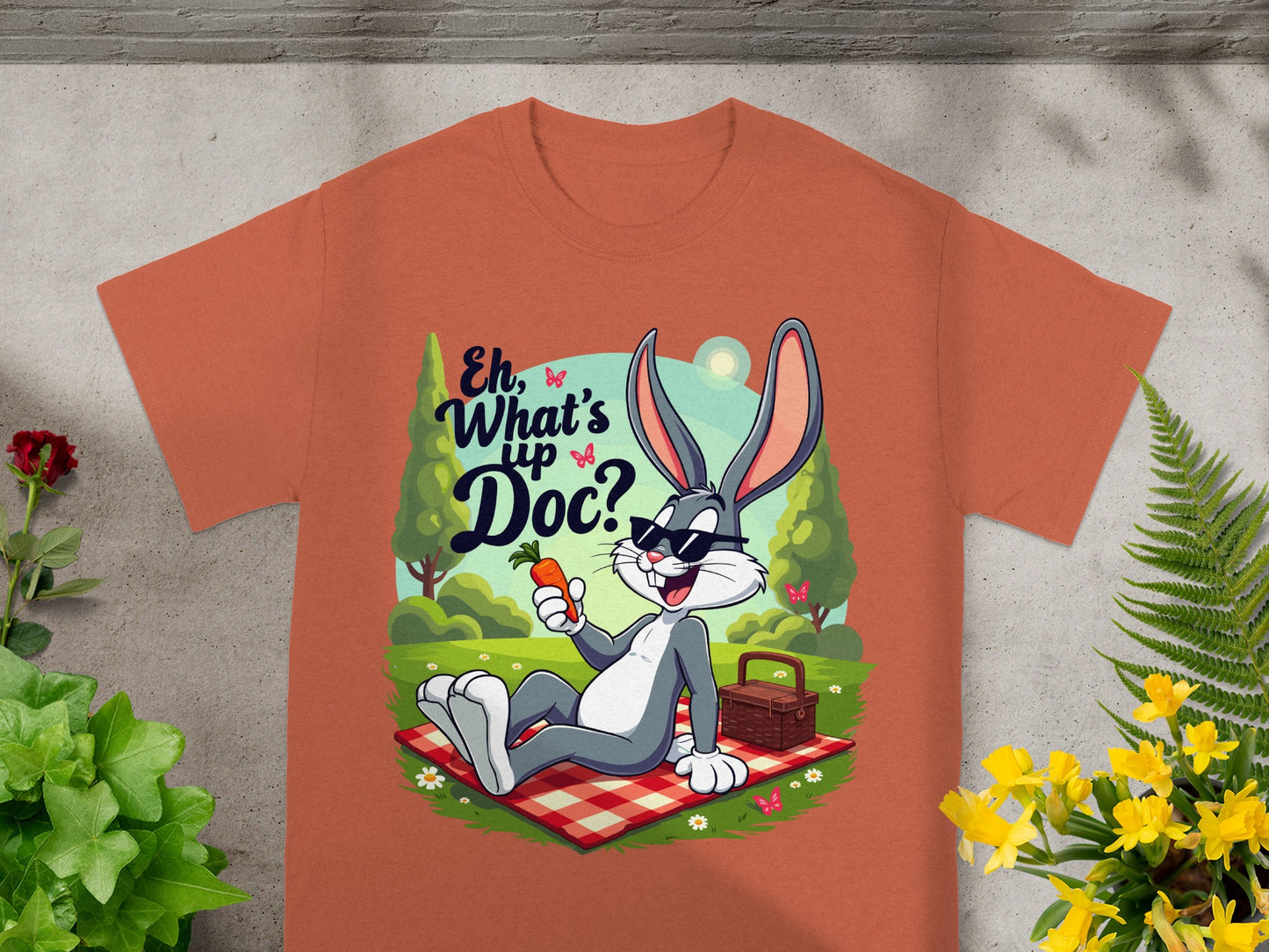 Bugs Bunny in sunglasses on a picnic blanket holding a carrot.