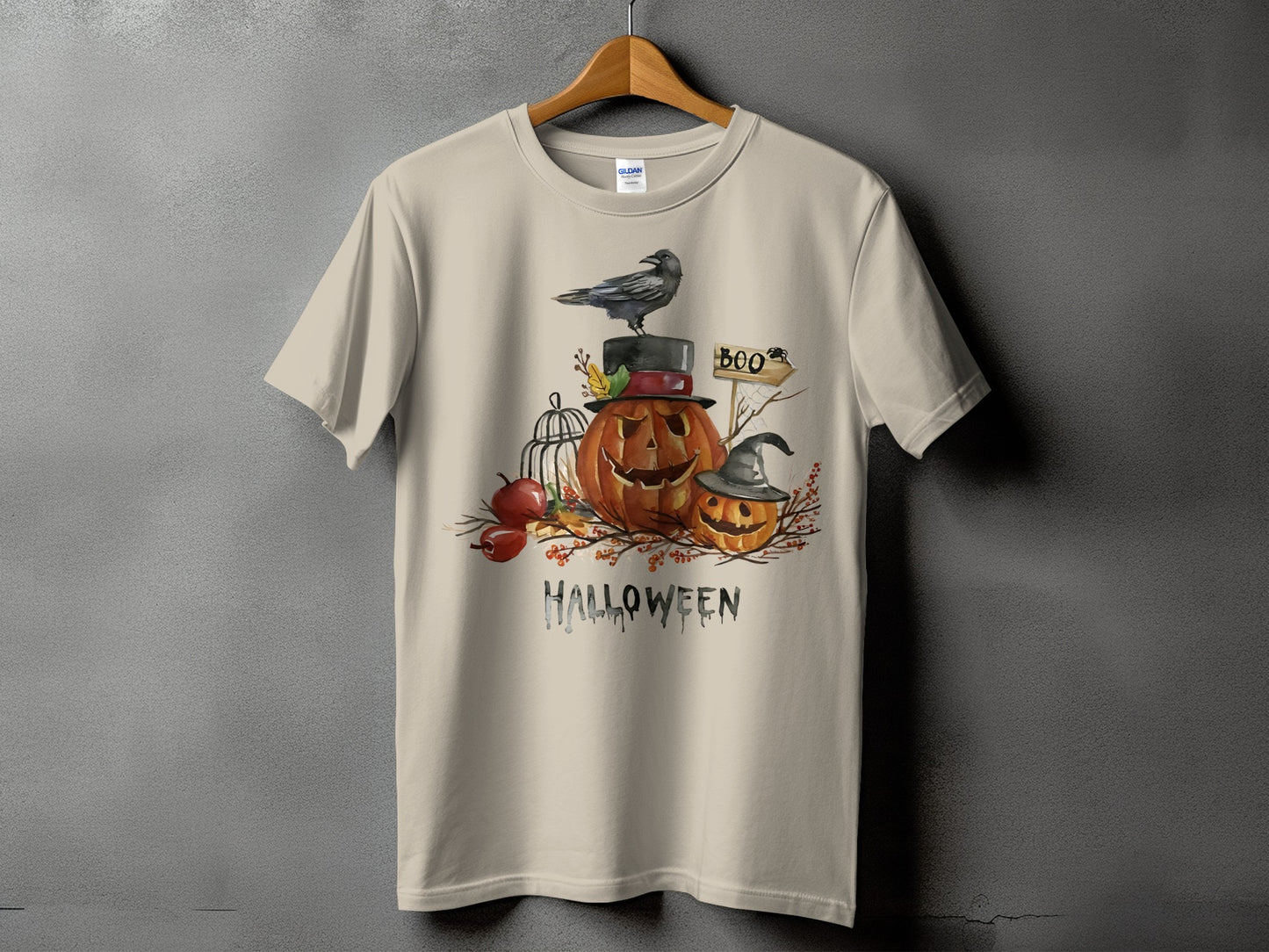 Halloween t-shirt with jack-o'-lanterns, crow, and "HALLOWEEN" text.