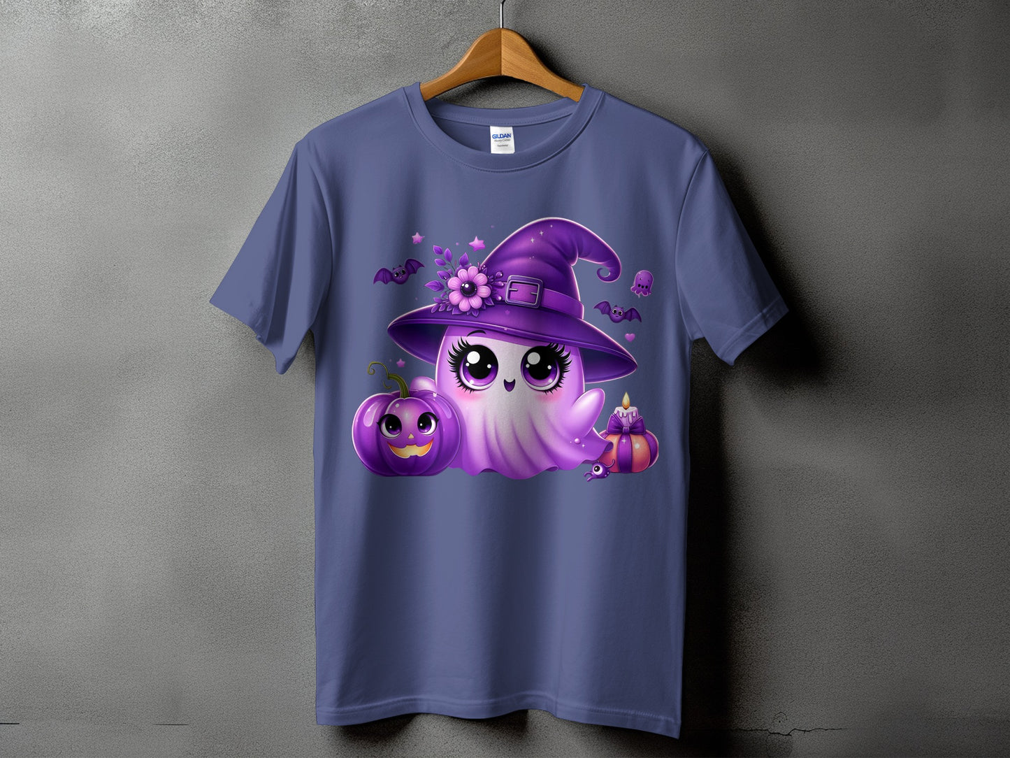 Purple t-shirt with a cute ghost, pumpkin, candle, and bats Halloween graphic.