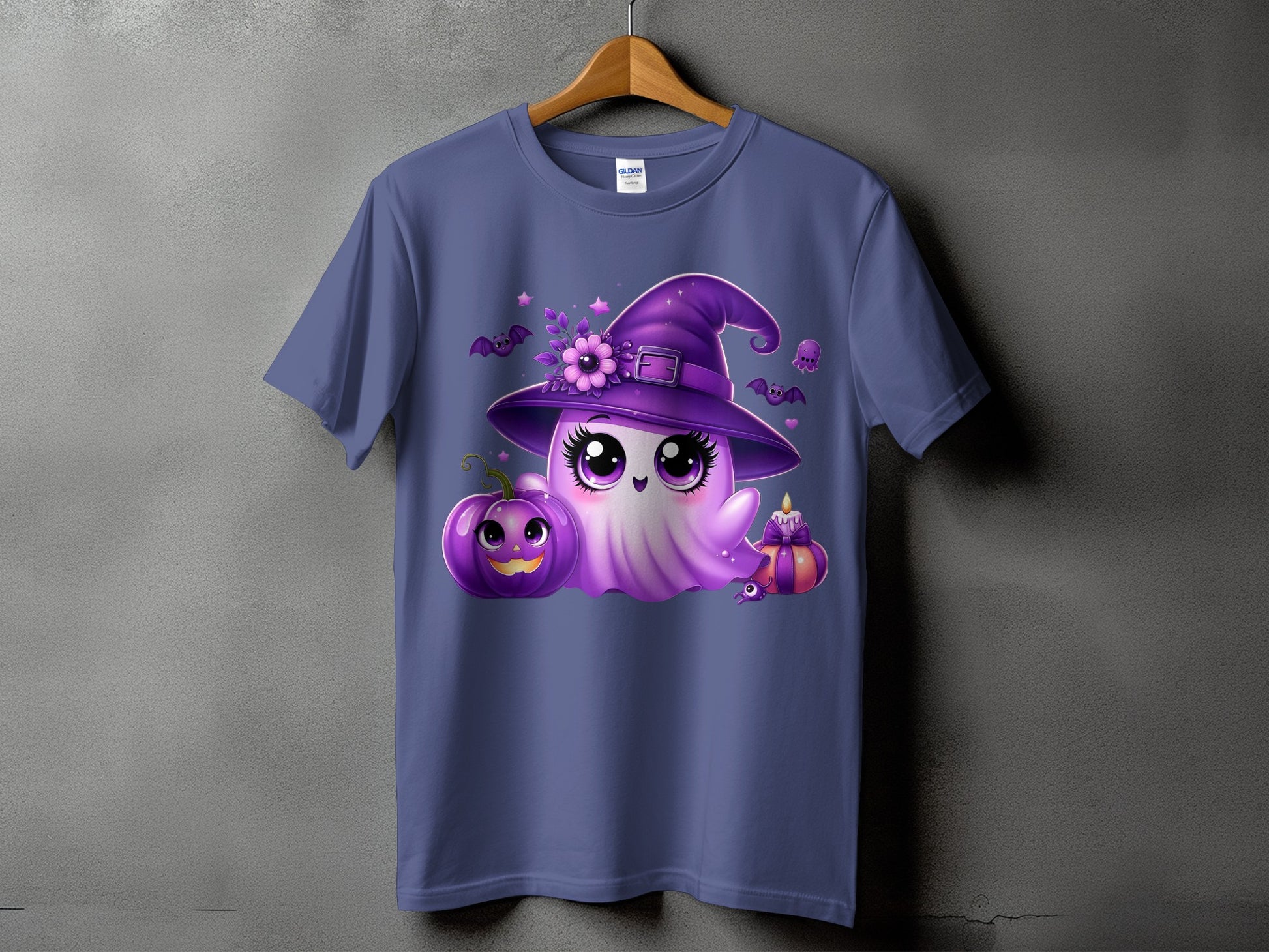 Purple t-shirt with a cute ghost, pumpkin, candle, and bats Halloween graphic.