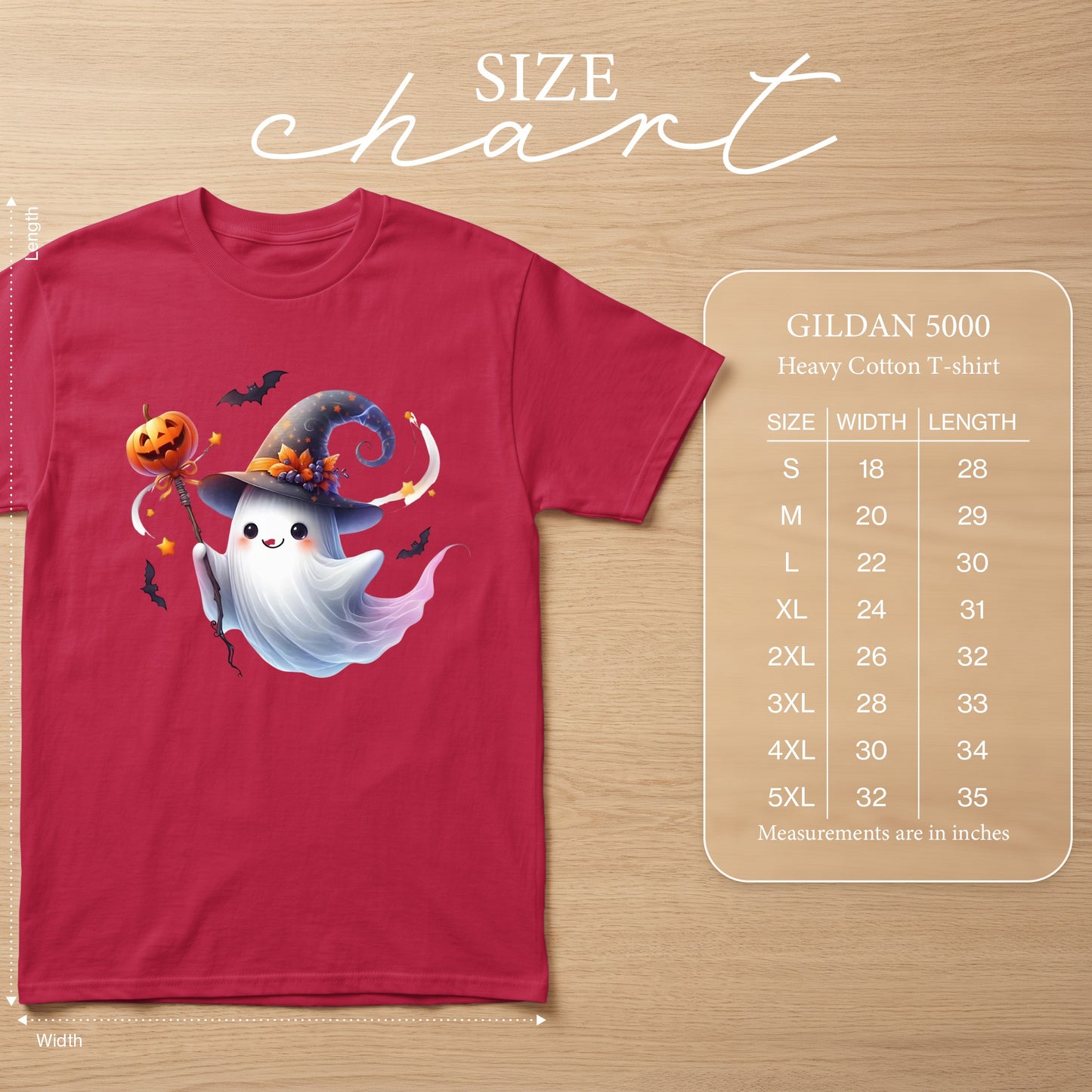 Red t-shirt with a happy ghost in a witch hat holding a pumpkin, and a Gildan 5000 size chart.