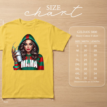 Yellow t-shirt with "Mama" text graphic and Gildan 5000 size chart.