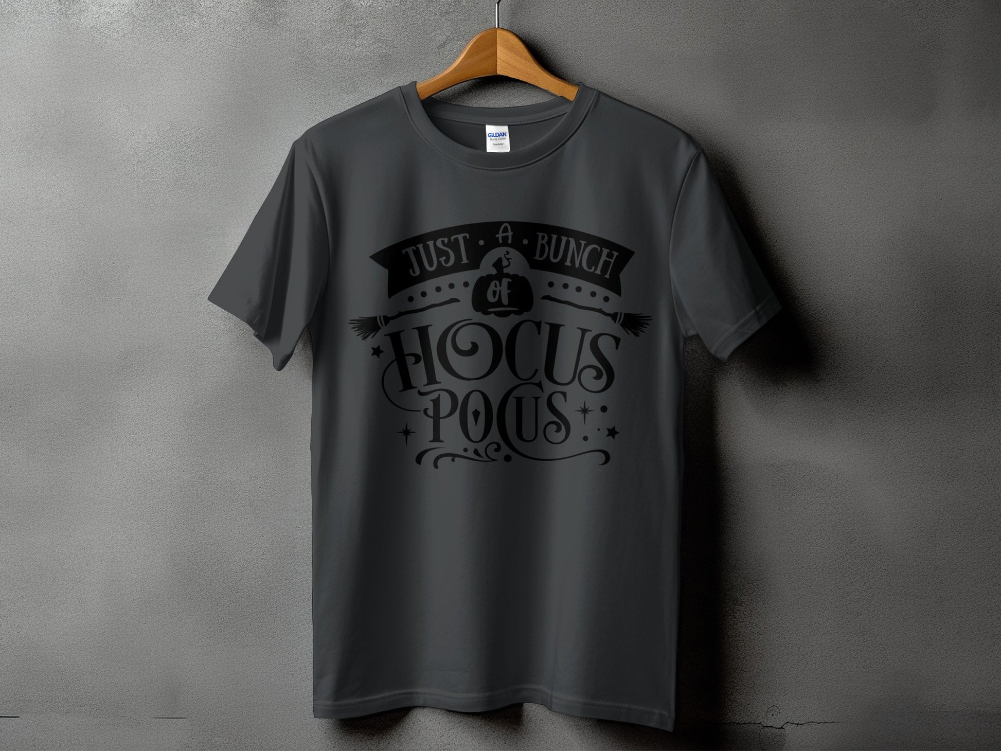 Dark grey t-shirt with "Just A Bunch of Hocus Pocus" graphic.